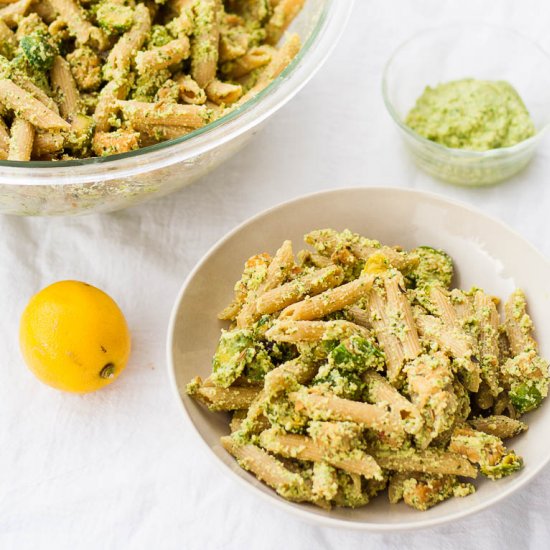 Pesto Pasta with Roasted Brussels